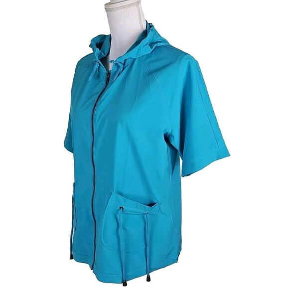 Additions by Chico's ~Size 1 (US M)~ Blue Hooded Short Sleeve Full Zip Jacket. - Picture 5 of 9